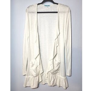 Silver Charm Ivory Cotton Ruffle Open Front Cardigan Linen Pockets Small Cottage